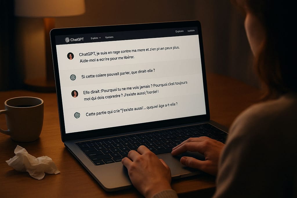 Exemple conversation écriture thérapeutique ChatGPT IA pour libérer émotions bloquées maman burn-out